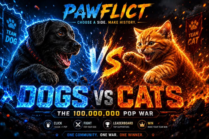 'PAWFLICT - DOGS VS CATS: THE 100,000,000 POP WAR' promotional graphic featuring a snarling black dog with 'TEAM DOG' and an aggressive orange cat with 'TEAM CAT', with action prompts: CLICK, FIGHT, LEADERBOARD, WIN.
