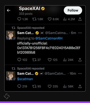 A screenshot of the SpaceXAI X account shows two reposts from "Sam Catman" (@SamCatm...), one labeled "officially~unofficial" containing a Robinhood Chain contract address (0x137A7B1256FBF4c71E024015AB8e2efb120989bB) and another promoting "$scatman." The image supports reports that SpaceXAI's official account was compromised and used to promote a memecoin that rugged after briefly reaching a $2M market cap.