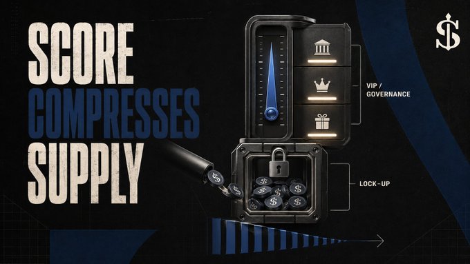 A graphic with the text 'SCORE COMPRESSES SUPPLY' features a 3D render of a vault mechanism showing a locked compartment labeled 'LOCK-UP' containing dollar signs, alongside a 'VIP / GOVERNANCE' tier panel.