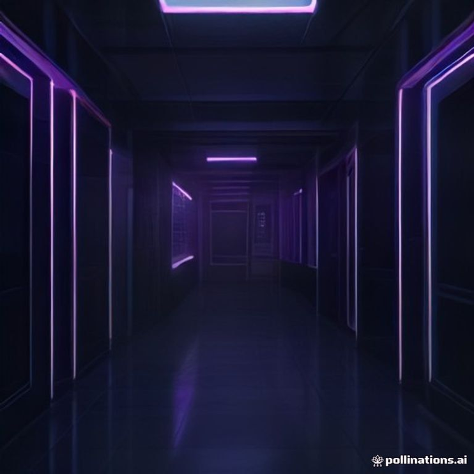 A dark futuristic corridor illuminated by purple and pink neon lights outlining doorways and ceiling fixtures, rendered with a 'pollinations.ai' watermark.
