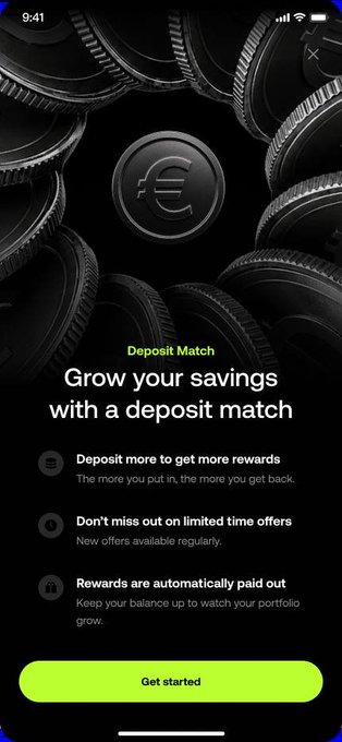 A mobile app screenshot titled 'Deposit Match' with the headline 'Grow your savings with a deposit match,' featuring bullet points about rewards and a green 'Get started' button, set against a background of black coins.