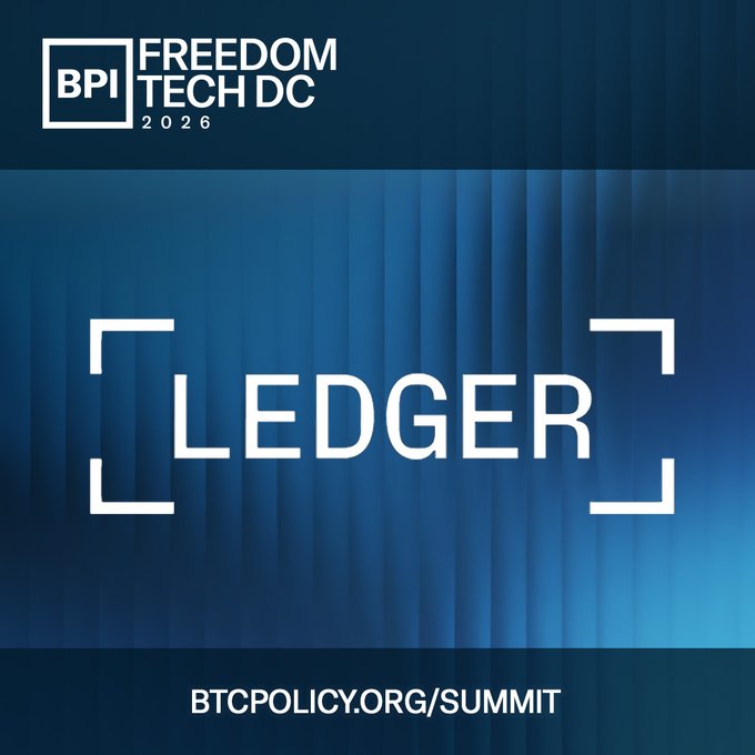 A blue promotional graphic for the BPI Freedom Tech DC 2026 Ledger event, with the URL BTCPOLICY.ORG/SUMMIT displayed at the bottom.