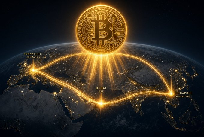 A glowing golden Bitcoin coin floats above Earth, with light rays connecting Frankfurt, Germany; Dubai, UAE; and Singapore, illustrating a global cryptocurrency network.