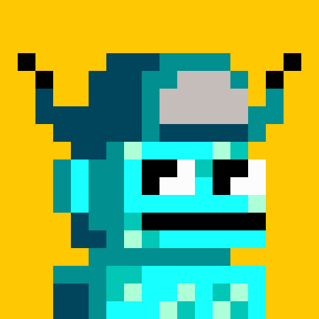 Pixel art illustration of a blue robot character with antennae on a yellow background.