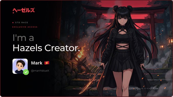 A digital membership card for 'ヘーゼルス' (Hazels) with the text 'I'm a Hazels Creator.' featuring an anime-style female character with swords, and a profile for 'Mark' (@manhblueX).