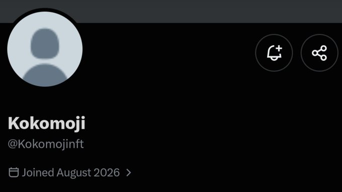 A dark profile page displays the username "Kokomoji" (@Kokomojinft) with a default gray avatar, noting the account joined August 2026. The image corresponds to the NFT Alpha post referencing this newly spotted potential NFT collection worth monitoring.