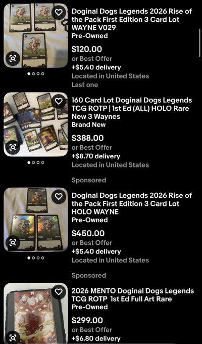 Mobile eBay listings showing Doginal Dogs Legends TCG trading card lots priced from $120 to $450, featuring Rise of the Pack First Edition cards.