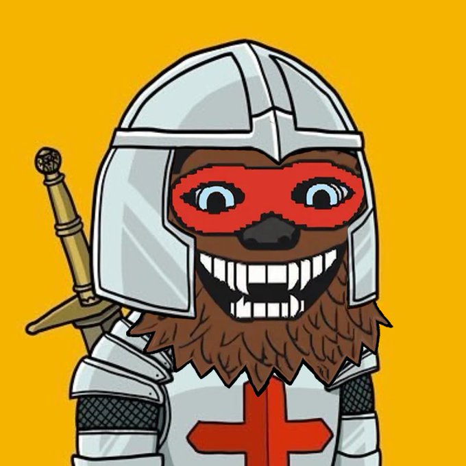 A cartoon drawing of a bearded warrior wearing a silver helmet, holding a sword over his shoulder, with a red mask-like design and a wide toothy grin, set against a yellow background.