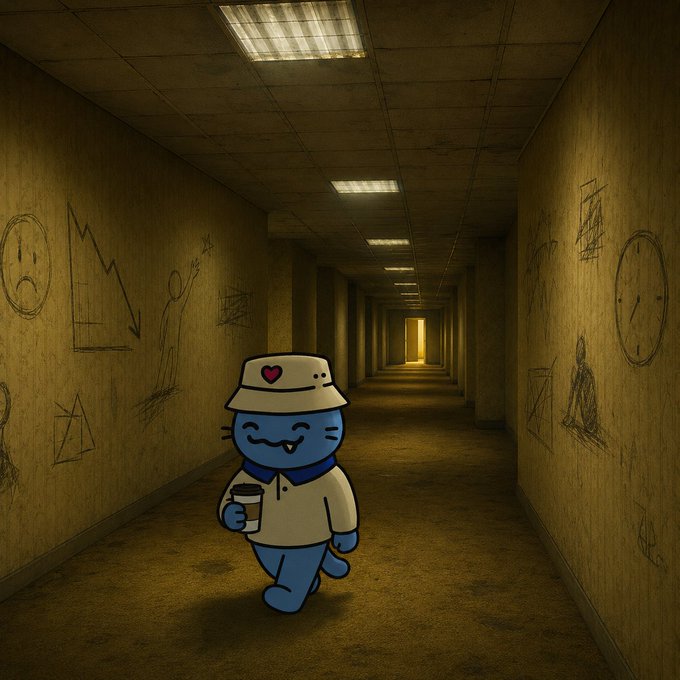 A cheerful blue Cool Cat NFT character wearing a bucket hat with a heart and holding a coffee mug walks down a dim, scribbled hallway, embodying the "GM" (Good Morning) post wishing followers a happy Friday. The whimsical cartoon mascot contrasts with the eerie, backrooms-style corridor, reinforcing the casual, positive crypto community vibe of the message.