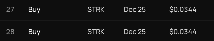 A table showing two buy orders (#27 and #28) for STRK options expiring Dec 25 at $0.0344, suggesting notable pre-expiration trading activity in the ticker.