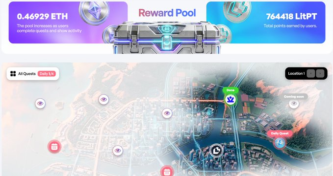 The image shows a computer screen displaying a map of a city with various landmarks, such as buildings and roads. The map also includes icons representing different rewards or points that users can earn by completing certain tasks within the game. The background of the image is white, which contrasts with the colorful elements on the screen. The text in the image reads "辣条LTC 搞得EVM L2 @LitecoinVM测试网积分系统上线了。每天完成任务获得积分", which suggests that the game is focused on real-life activities and rewards. The image also contains a reference to an article about Litecoin, possibly related to the game or its content.