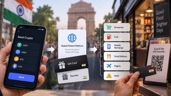 The image illustrates a crypto-to-real-world-spending flow in India: a smartphone displays options to send USDT, USDC, BTC, and ETH, which are routed through a "Global Fintech Platform" to convert crypto into Indian gift cards and vouchers, redeemable for groceries, fuel, mobile recharge, food delivery, flights, and gold, with a final "Scan & Pay with Voucher" QR code shown against a backdrop of the India Gate monument and Indian flag.