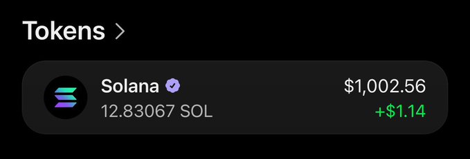 A crypto wallet display shows a Solana (SOL) token holding of 12.83067 SOL valued at $1,002.56, with a daily gain of +$1.14 indicated in green. The image serves as proof of substantial holdings to support a giveaway promotion shared in the accompanying Telegram post.