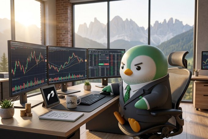 A 3D-rendered cartoon penguin wearing a green tie and dark suit sitting at a desk with multiple monitors displaying financial trading charts and candles, set in a modern office with a mountain view.
