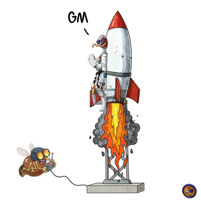 A cartoon illustration of an astronaut riding a launching rocket with "GM" text, while a bee-wearing headphones character operates a control box connected to the launchpad.