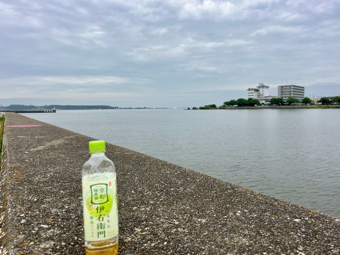 The image features a bottle of tea placed near a concrete wall or pier, with a view of water and buildings in the background. The text "土浦名産のレンコン畑抜けて日本第2位来ました。一周何キロだろ。42kmここでやってもいいな #STEPN". The bottle of tea is positioned on the left side, while the text is located in the center.