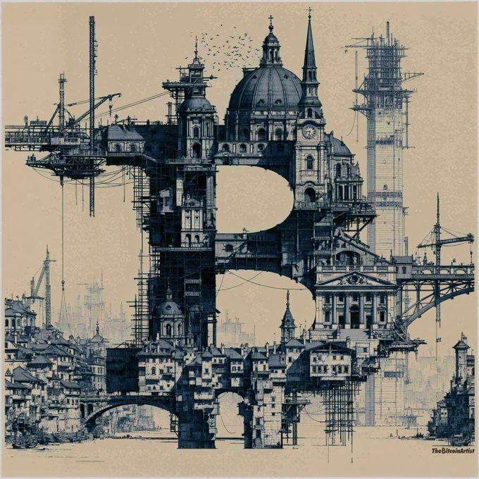 The image features a large, intricate drawing of a cityscape with buildings and bridges that are made out of paper mache or other materials. The city appears to be under construction, as evidenced by the presence of scaffolding around some of the structures. The caption above the image reads "To build something great you have to have low time preference." This phrase suggests that the artist was inspired by the idea of creating a complex and elaborate cityscape in a short amount of time, which requires a high level of dedication and focus.