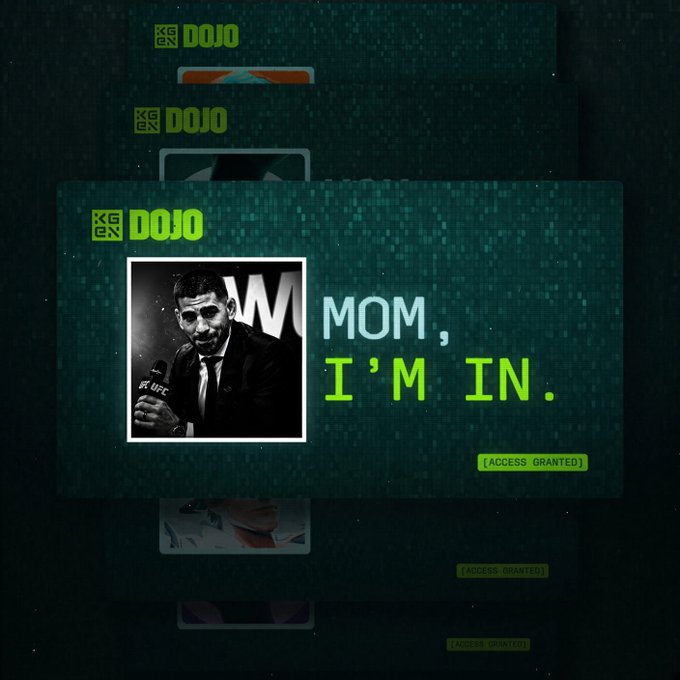The image shows a digital "KG EN DOJO" access card featuring a black-and-white photo of a man at a UFC microphone, with the text "MOM, I'M IN." and "[ACCESS GRANTED]" displayed on a green pixelated background. The card celebrates the user becoming one of the 50 official creators in the KGeN community, mirroring the "verification badge" concept on X (Twitter).