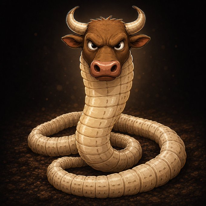 A digital illustration of a fantastical creature featuring a fierce brown bull's head with horns on a long, segmented worm-like or snake-like body on dark ground.
