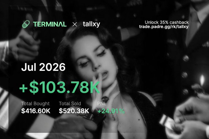 A promotional graphic for TERMINAL x tallxy showing a profit of +$103.78K for July 2026 from buying and selling crypto coins, with a black and white photo of a woman in the background.