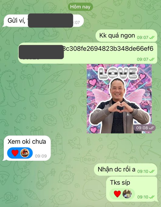 A Vietnamese Telegram chat shows messages including 'Kk quá ngon' and 'Nhận dc rồi a', along with an edited image of Jack Ma making a heart gesture with angel wings and 'LOVE' text.