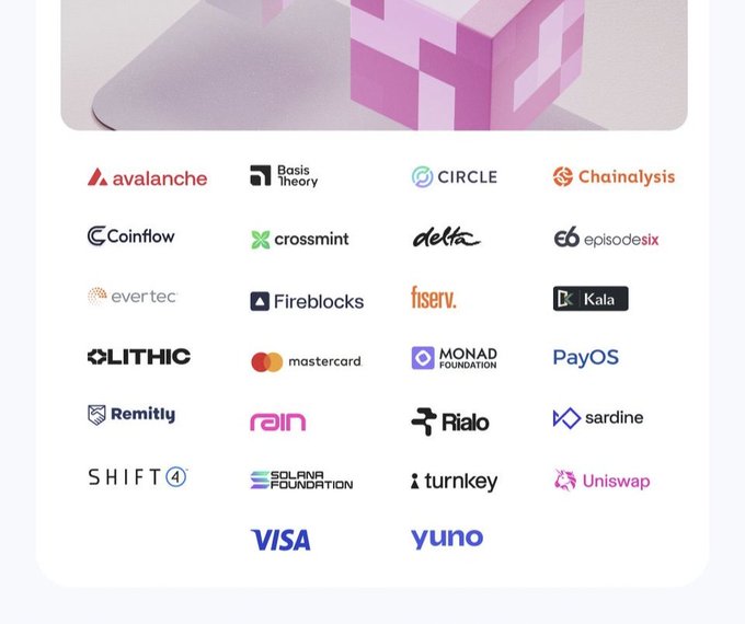 A webpage or promotional image displaying partner logos including Avalanche, Mastercard, Visa, Uniswap, and Solana Foundation.