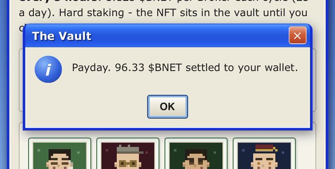 A computer screenshot shows a pop-up dialog titled 'The Vault' displaying the message 'Payday. 96.33 $BNET settled to your wallet.' with pixel-art character images below.