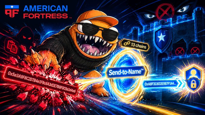 Promotional graphic for American Fortress featuring a fierce cartoon dinosaur character in sunglasses, with text highlighting '13 chains' and 'Send-to-Name™' cryptocurrency functionality.