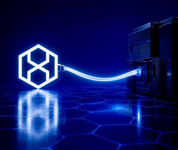 A futuristic digital illustration showing a glowing hexagonal blockchain logo connected by a luminous cable to a server unit on a reflective hexagonal grid.