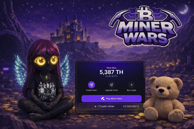 A promotional graphic for 'B Miner Wars' featuring a fantasy winged demon-girl character, a teddy bear, piles of gold coins, a dark castle, and a dashboard showing 5,387 TH at $0.05/TH with options to create/upgrade miner and buy crypto.