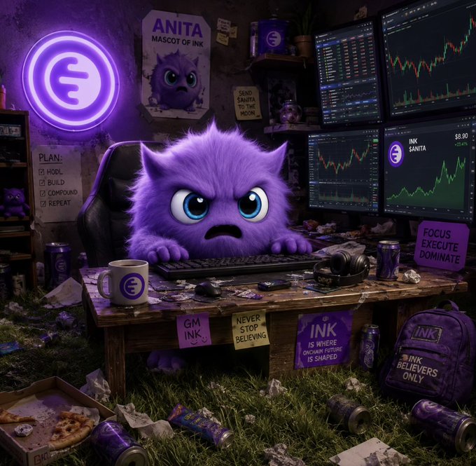 Digital artwork of an angry purple furry mascot with large blue eyes sitting at a desk with multiple monitors displaying crypto charts, surrounded by stickers with text like 'ANITA MASCOT OF INK', 'FOCUS EXECUTE DOMINATE', and 'NEVER STOP BELIEVING'.