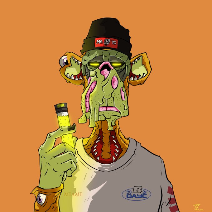 The image features a cartoon character wearing a white shirt, black hat, and sunglasses. The character has a green face with blood dripping down its chin, giving it an eerie appearance. The character holds a yellow object in their hand, which appears to be a syringe filled with liquid. The background of the image is orange, providing a stark contrast to the character's green face and white shirt. The caption below the image reads "GM Happy Mutant Monday @BoredApeYC".