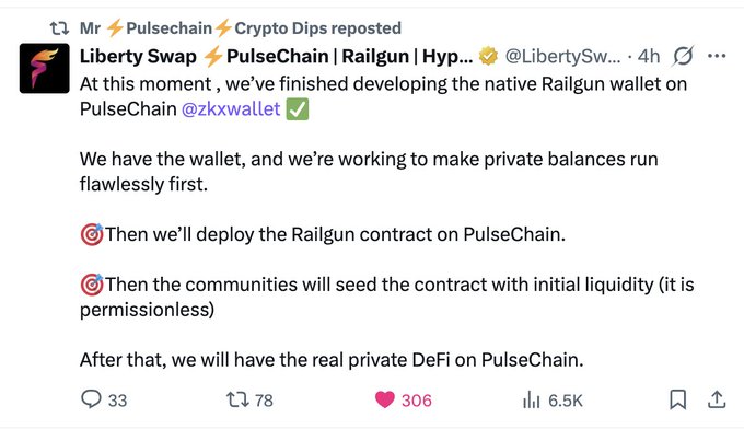 The image shows a social media post from a user named Liberty Swing that discusses the development of the Ethereum blockchain. The post includes text about the PulseChain project and the importance of privacy, as well as a link to a Twitter account with information about the PulseChain project.