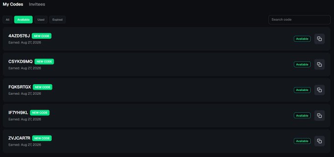 A dark-themed "My Codes" dashboard displays five invite codes (4AZD576J, C5YK09MQ, F0KSRTGX, IF7YHGKL, ZVJCAR7R), each marked as "NEW CODE" and earned on Aug 27, 2026, with all listed as "Available" for copying. The image complements the post about RiseXTrade Season 1 by showing a user's available invite/referral codes ready to share, supporting the campaign's emphasis on early positioning and community growth before mainnet traction.