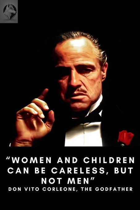 A dramatic portrait of Don Vito Corleone from *The Godfather* appears with the quote, *"Women and children can be careless, but not men."* The image ties to the post by warning investors to approach meme tokens, NFTs, perps, and predictions with the seriousness of a seasoned mob boss—not carelessly like amateurs.