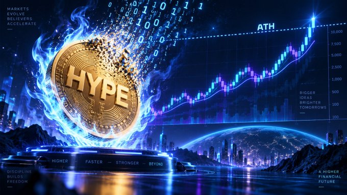 A digital artwork depicting a gold coin labeled 'HYPE' surrounded by blue flames and digital code, alongside a candlestick chart reaching 'ATH' (All-Time High).