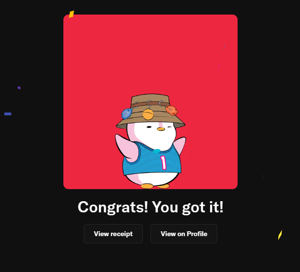 A digital congratulatory screen reading 'Congrats! You got it!' featuring a cartoon penguin character wearing a bucket hat with colorful badges and a blue tank top with the number '1', against a red background.