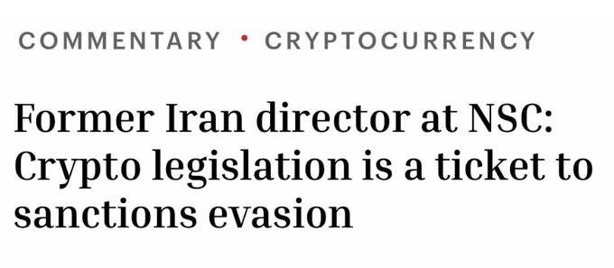 A commentary headline from a news article titled 'Former Iran director at NSC: Crypto legislation is a ticket to sanctions evasion' under the categories COMMENTARY and CRYPTOCURRENCY.