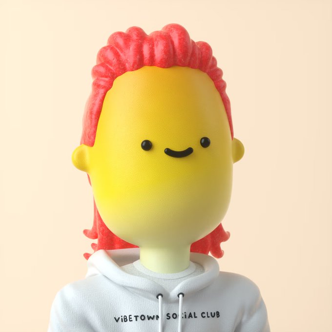 A 3D-rendered character featuring pink braided hair, a yellow face with a simple smile, and a white hoodie reading 'VIBETOWN SOCIAL CLUB' against a peach background.