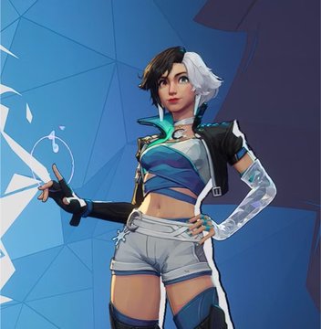 A stylized illustration of a female video game character with half-black, half-white hair, wearing a blue crop top and shorts, holding up a glowing musical note.