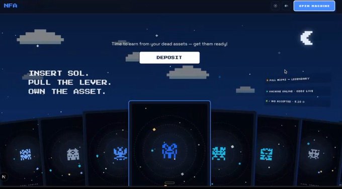 A pixel-art themed website with the tagline 'INSERT SOL, PULL THE LEVER, OWN THE ASSET,' encouraging users to 'learn from your dead assets' by depositing funds to revive Space Invader-style NFT characters.
