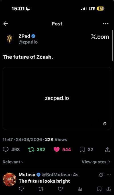 A social media post by ZPad (@zpadio) promoting 'The future of Zcash' with a link to zecpad.io, showing 22K views and engagement metrics.