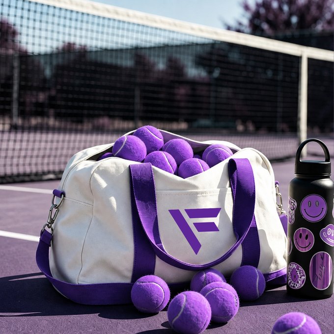 A lifestyle product image featuring a white duffel bag with purple accents and an 'F' logo, filled with purple tennis balls, alongside a black water bottle decorated with purple smiley faces, set on a tennis court.