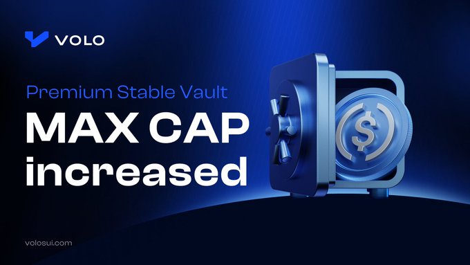 A promotional banner for VOLO's 'Premium Stable Vault' announcing that the 'MAX CAP increased' with a blue vault graphic featuring a dollar sign.