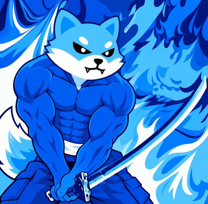 A digital illustration of a muscular anthropomorphic blue wolf character wielding a katana, surrounded by swirling blue flames in an anime-style art piece.