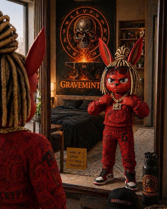 A red anthropomorphic rabbit character with dreadlocks wearing an 'NFT ENERGY' tracksuit, 'Gucci' sunglasses, and Jordans stands in front of a mirror in a room with a 'GRAVEMINT' skull poster and a checklist for 'WAKE UP,' 'GRIND,' 'FIT CHECK,' and 'TAKEOVER.'
