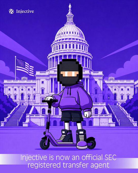 An Injective promotional graphic featuring a pixel-art character in a ninja mask riding a scooter in front of the U.S. Capitol building, with text reading 'Injective is now an official SEC registered transfer agent.'