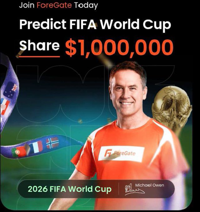 The image features an advertisement for a World Cup fundraiser, with a man wearing an orange shirt smiling at the camera. The text on the poster reads "Prediction Markets are steadily moving onchain. Polymarket reached $2B monthly volume during the US election. Kalshi sits around a $2B valuation. Now @foregate is bringing that momentum fully onchain on Solana and it still feels early." This advertisement seems to be promoting a new cryptocurrency called ForeGate, which allows users to predict market trends and make informed decisions about investments. The man in the image represents the founder of ForeGate, Michael Owen, who has been working hard to bring this innovative platform to the world.