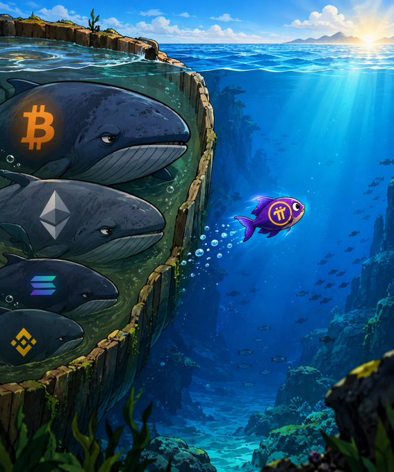 A stylized digital illustration showing underwater whales marked with Bitcoin, Ethereum, and Solana logos on the left, while a small purple fish with a Pi Network logo swims freely on the right.