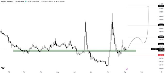 A daily **$BICO / TetherUS** chart shows price holding the key **$0.01755** support/SR zone, with a proposed harmonic bullish reversal and MACD crossover suggesting momentum is building. The annotated upside path targets roughly **$0.038, $0.050, and $0.095**, while the stated risk is a daily close below **$0.01755**.